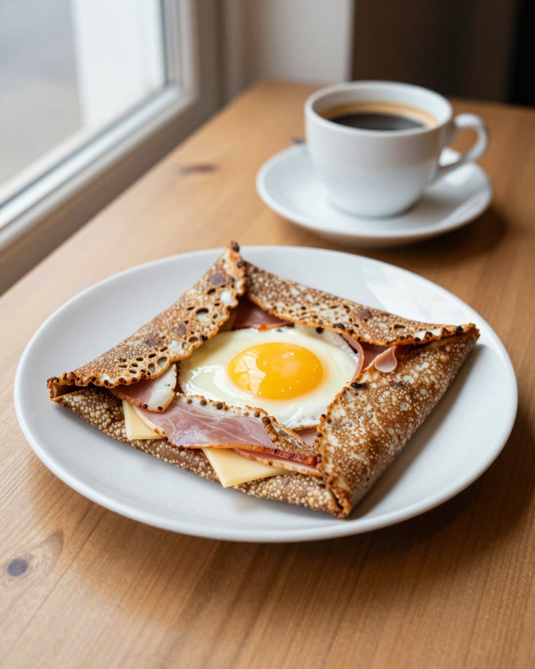 Une galette complète sur une table de café : œuf au plat, jambon et emmental, une tasse de café derrière