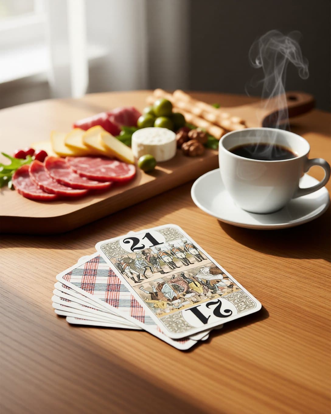 Une partie de tarot sur une table de café : le 21 retourné, un café fumant et une planche apéritive