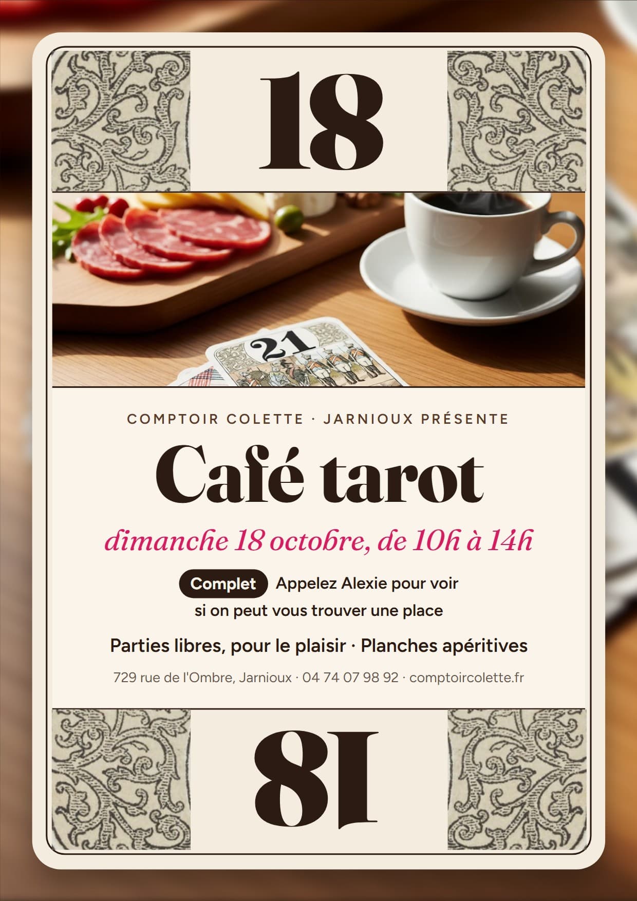 Affiche du café tarot du dimanche 18 octobre, de 10h à 14h, complet