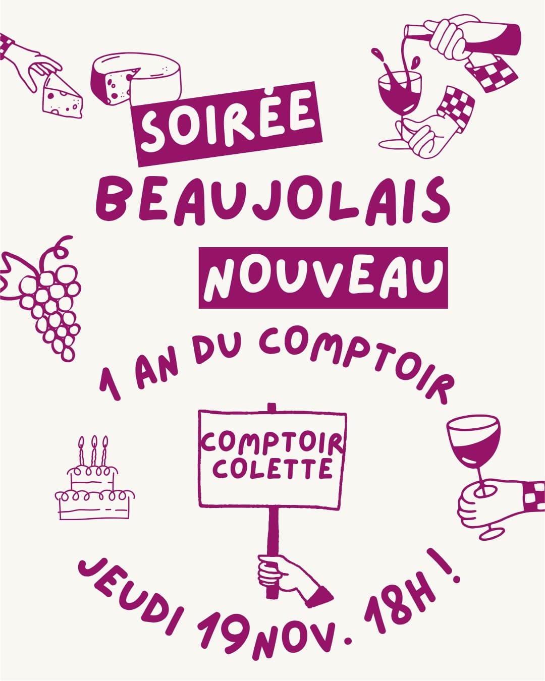 Affiche de la soirée Beaujolais nouveau, 1 an du Comptoir, jeudi 19 novembre à 18h